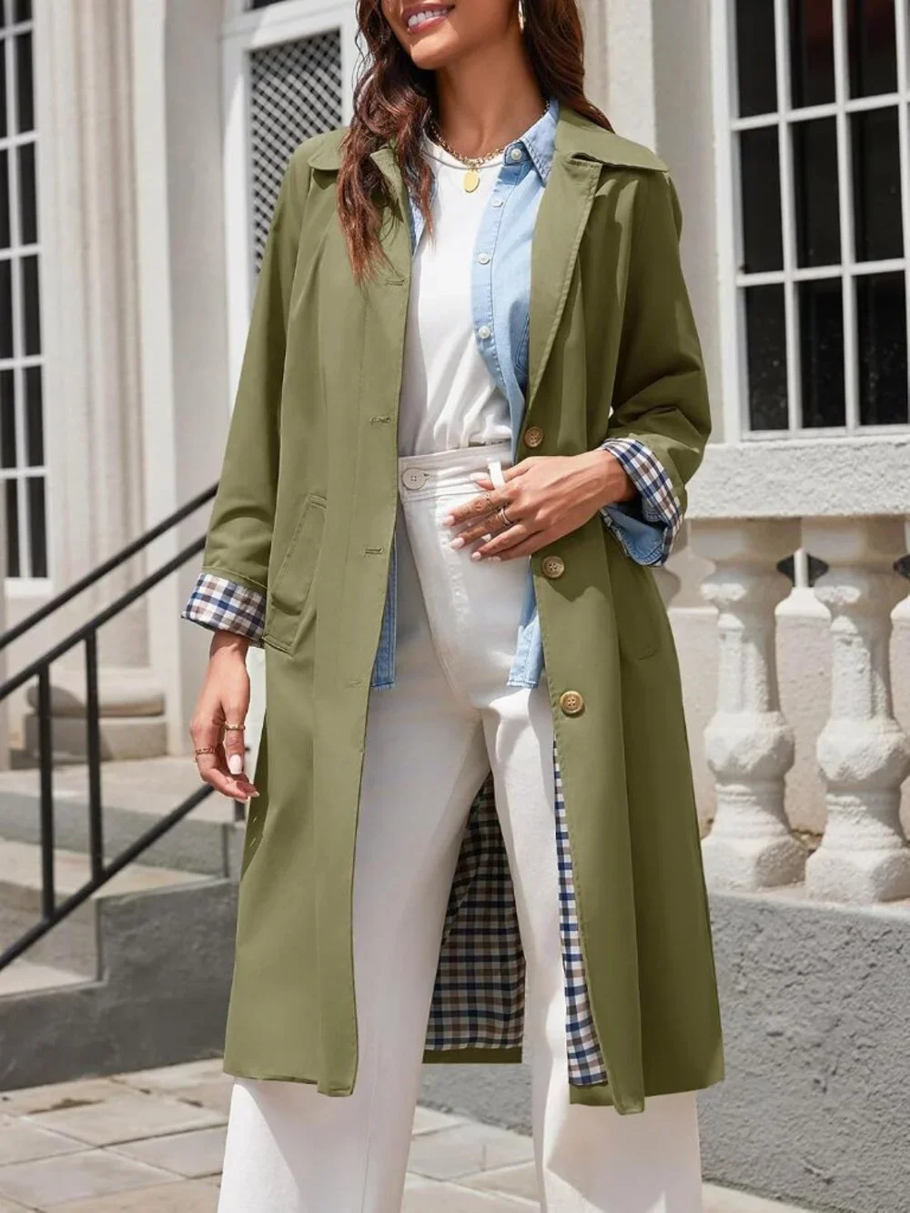 Women's Green Long Sleeve Oversized Single Breasted Windproof Winter Trench Coat